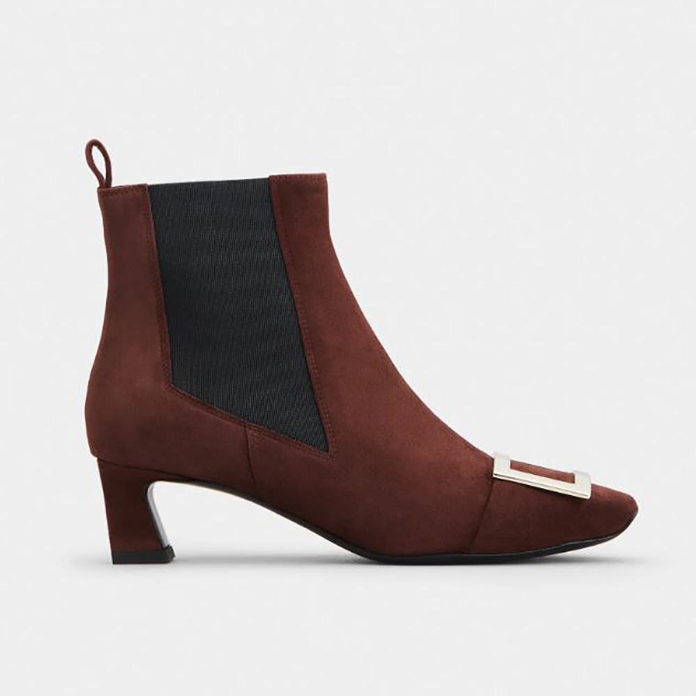 Side view of Roger Vivier Women Trompette Metal Buckle Chelsea Booties in Suede-Maroon