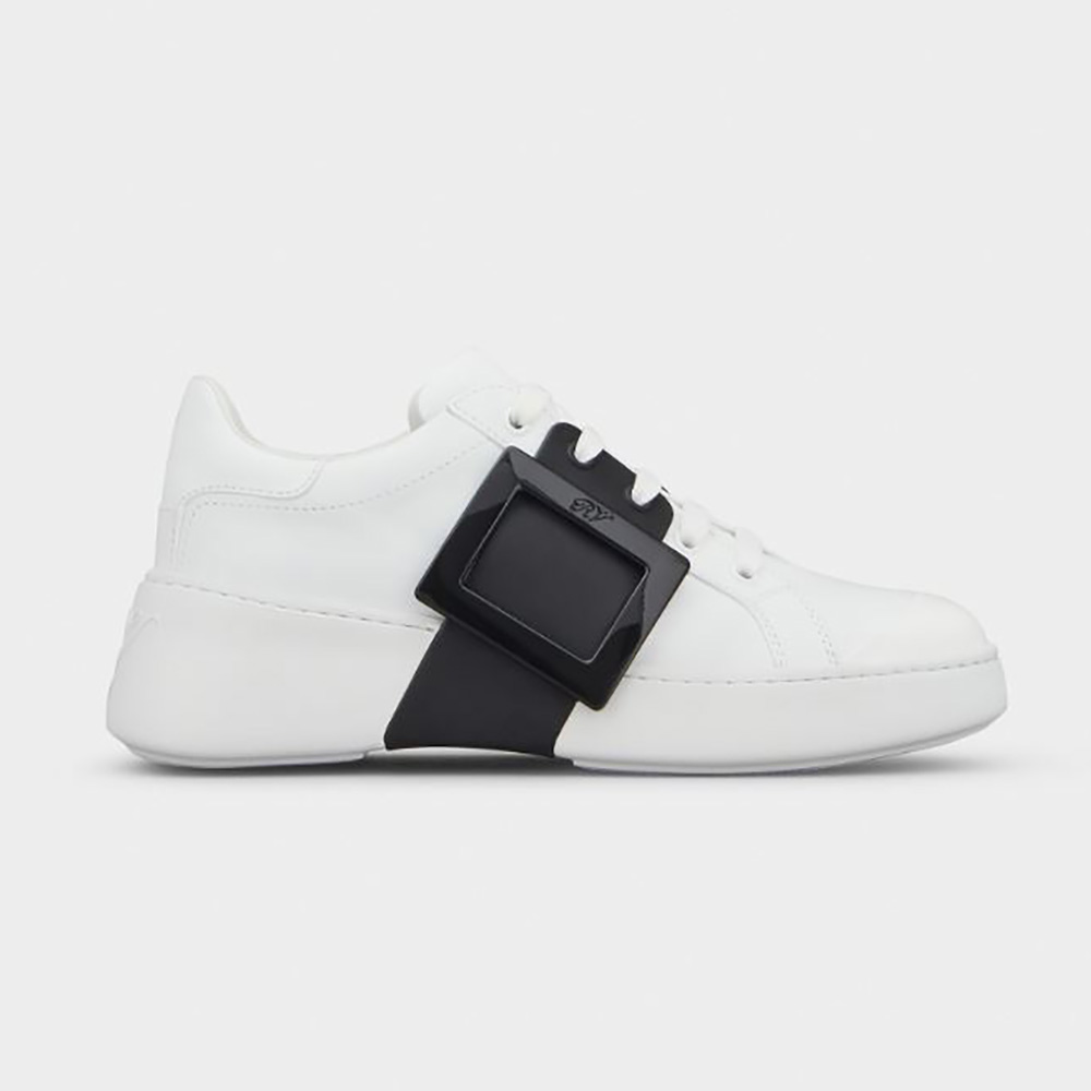 Side view of Roger Vivier Women Viv Skate Lacquered Buckle Sneakers in Black