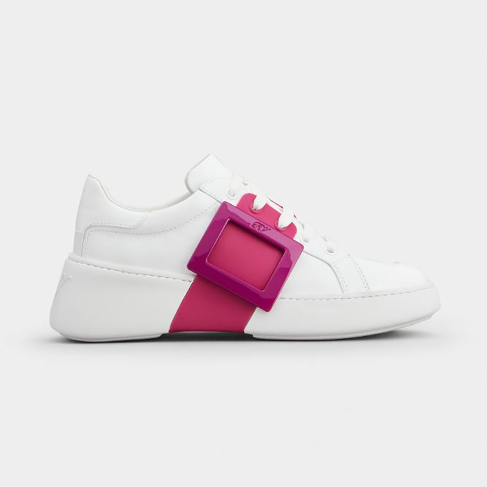 Side view of Roger Vivier Women Viv Skate Lacquered Buckle Sneakers in pink leather