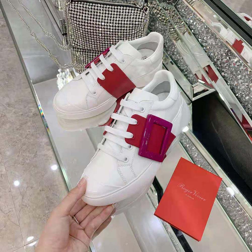 Roger Vivier Women Viv Skate Lacquered Buckle Sneakers in Soft Leather-Pink - image 6