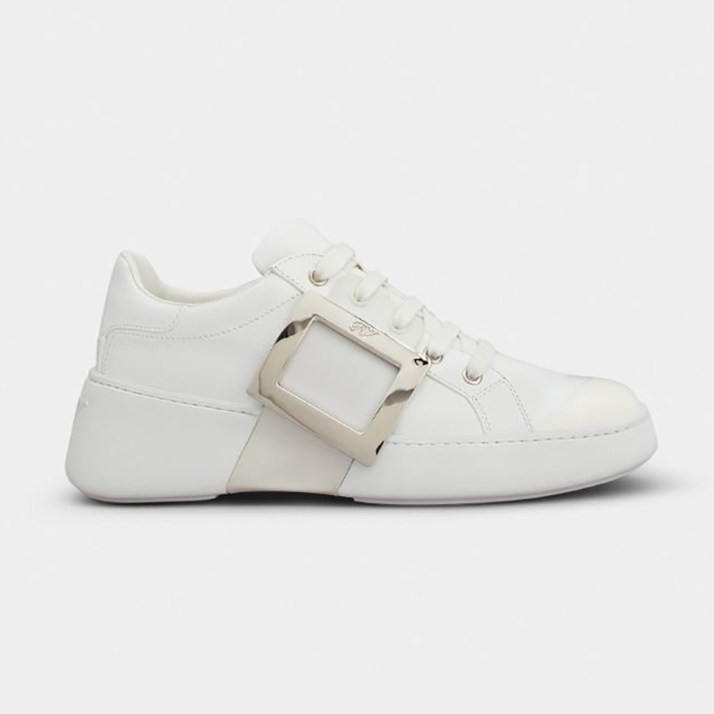 Side angle of Roger Vivier Women Viv Skate Metal Buckle Sneakers white leather