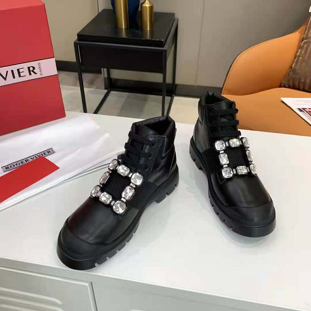 Close-up of signature strass buckle on Roger Vivier Walky Viv’ booties