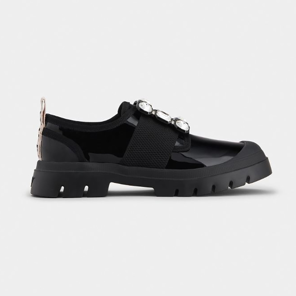 Side view of Roger Vivier Women Walky Viv’ Strass Buckle Sneakers in black patent leather
