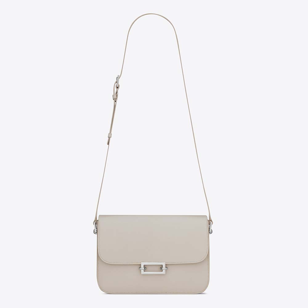 Front angle of Saint Laurent YSL Women LE Pave Satchel in smooth white leather