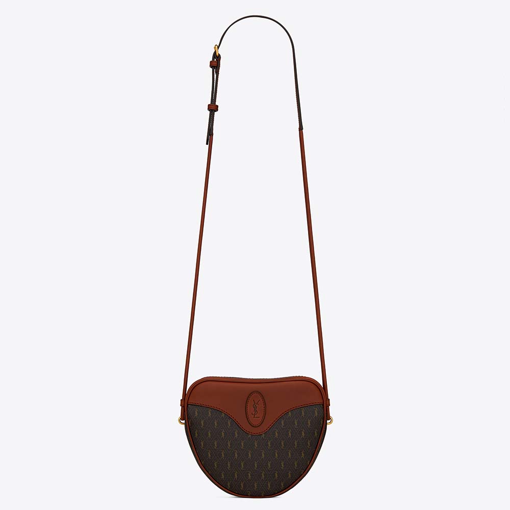 Front view of Saint Laurent YSL Women Le Monogramme Coeur Bag in brown canvas