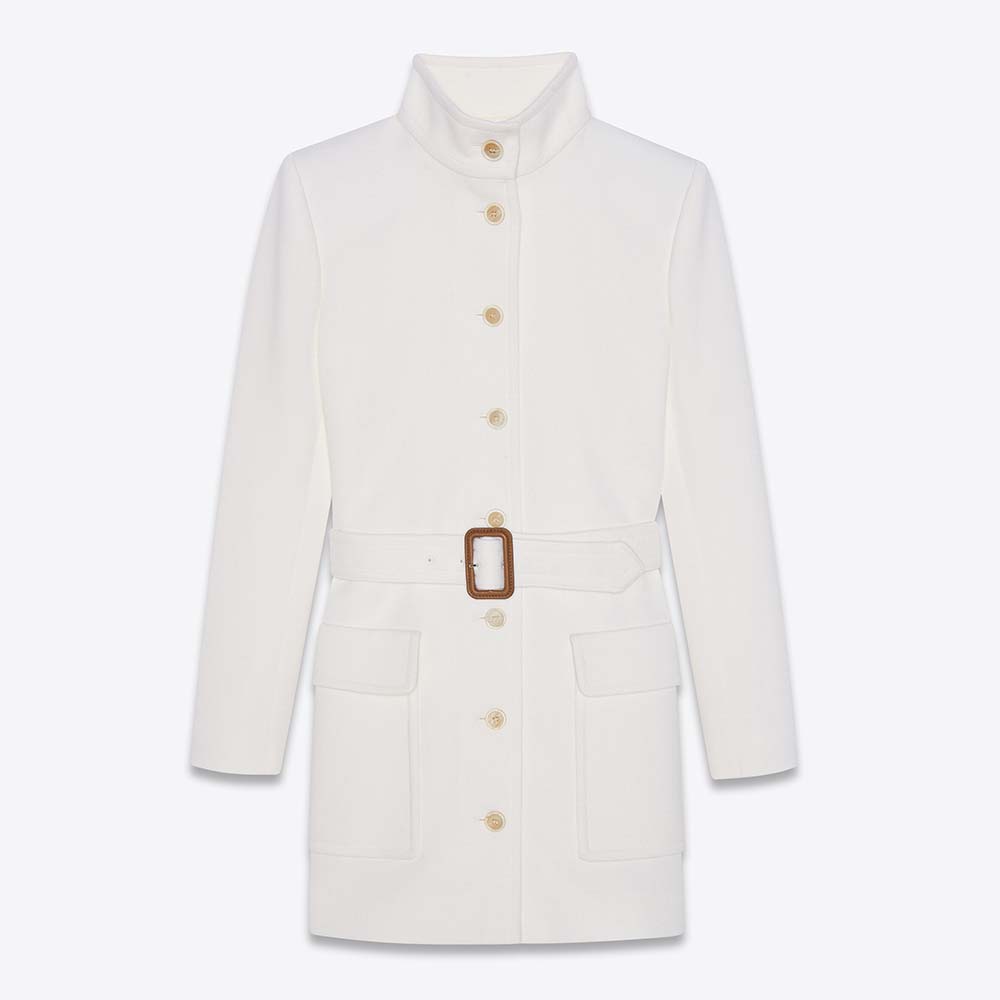 Front view of Saint Laurent YSL Women Long Belted Jacket in Wool Jersey-White