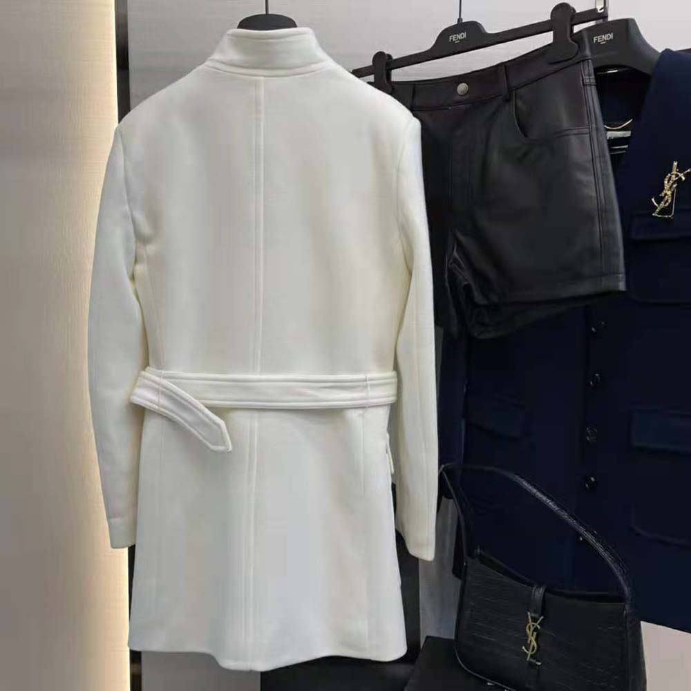 Back angle showing belted silhouette of Saint Laurent YSL White Jacket