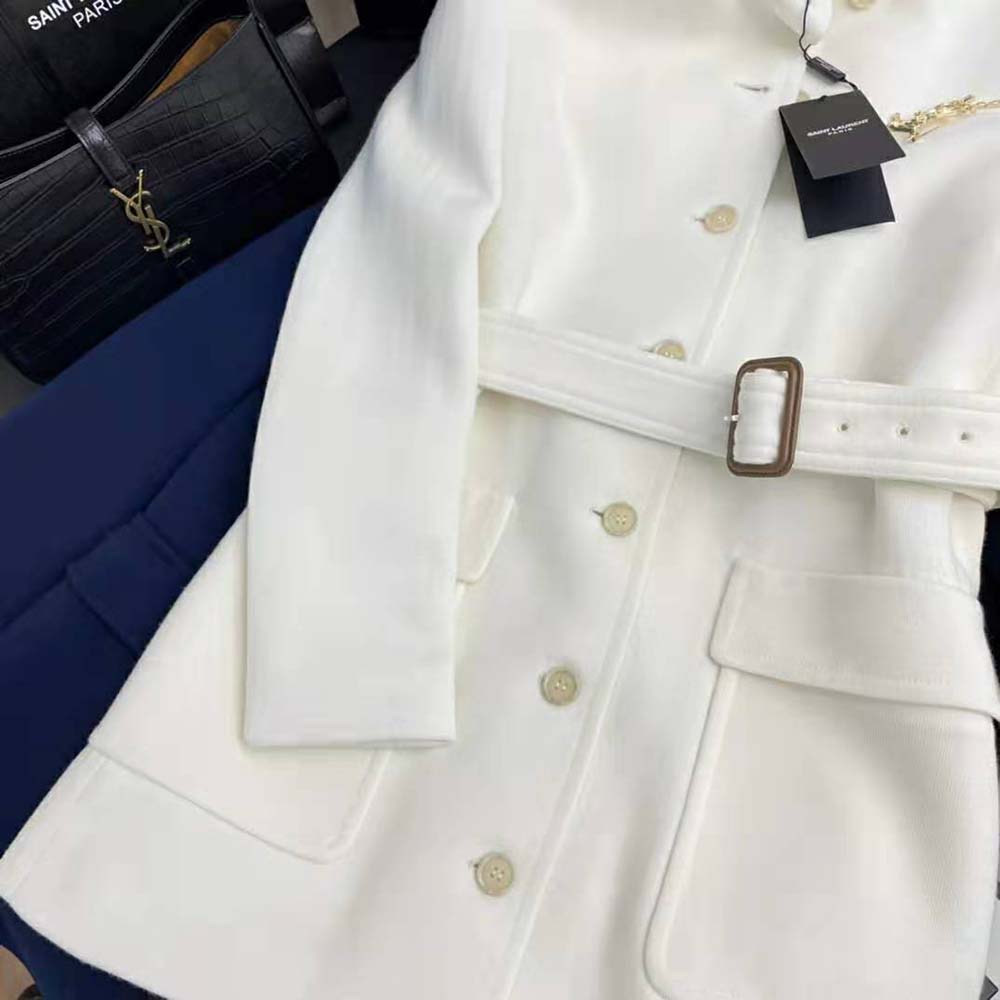 Saint Laurent YSL Women Long Belted Jacket in Wool Jersey-White - image 9
