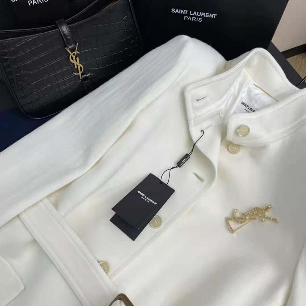 Saint Laurent YSL Women Long Belted Jacket in Wool Jersey-White - image 5