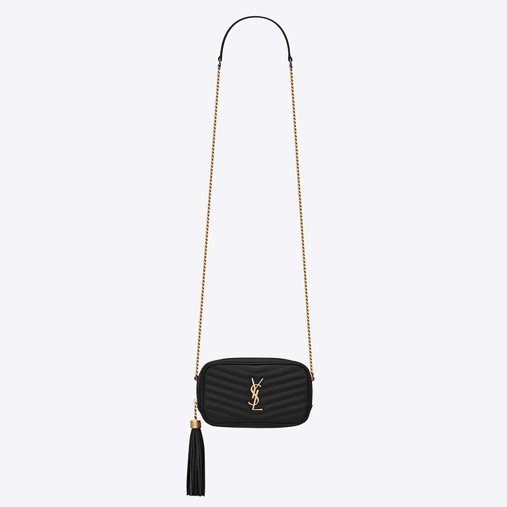 Front view of Saint Laurent YSL Women Lou Mini Bag in black embossed leather