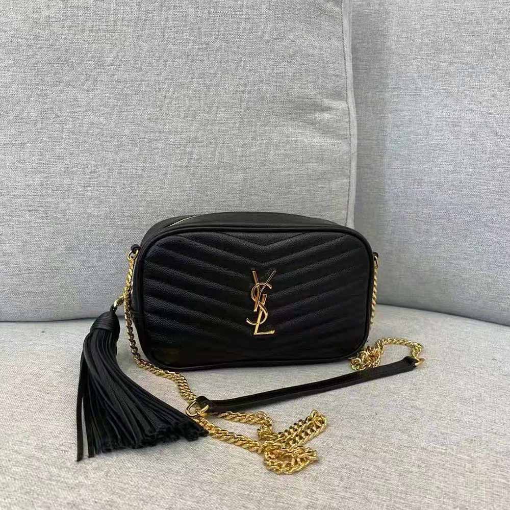 Close-up of gold YSL signature hardware on Lou Mini Bag in black leather