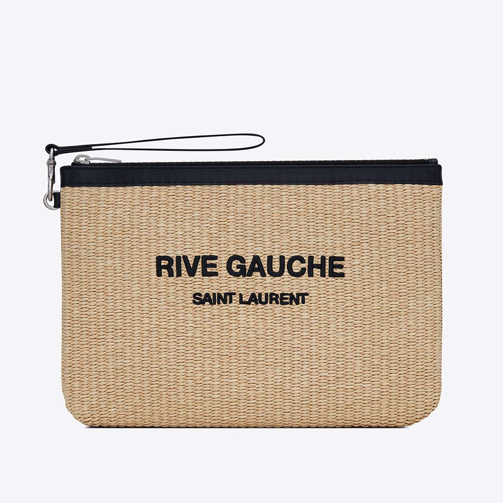Front close-up of Saint Laurent YSL Women Rive Gauche Zippered Pouch beige raffia detail