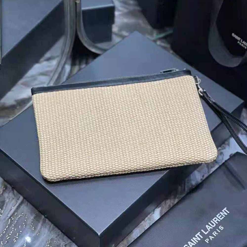 Saint Laurent YSL Women Rive Gauche Zippered Pouch in Embroidered Raffia and Leather - image 5