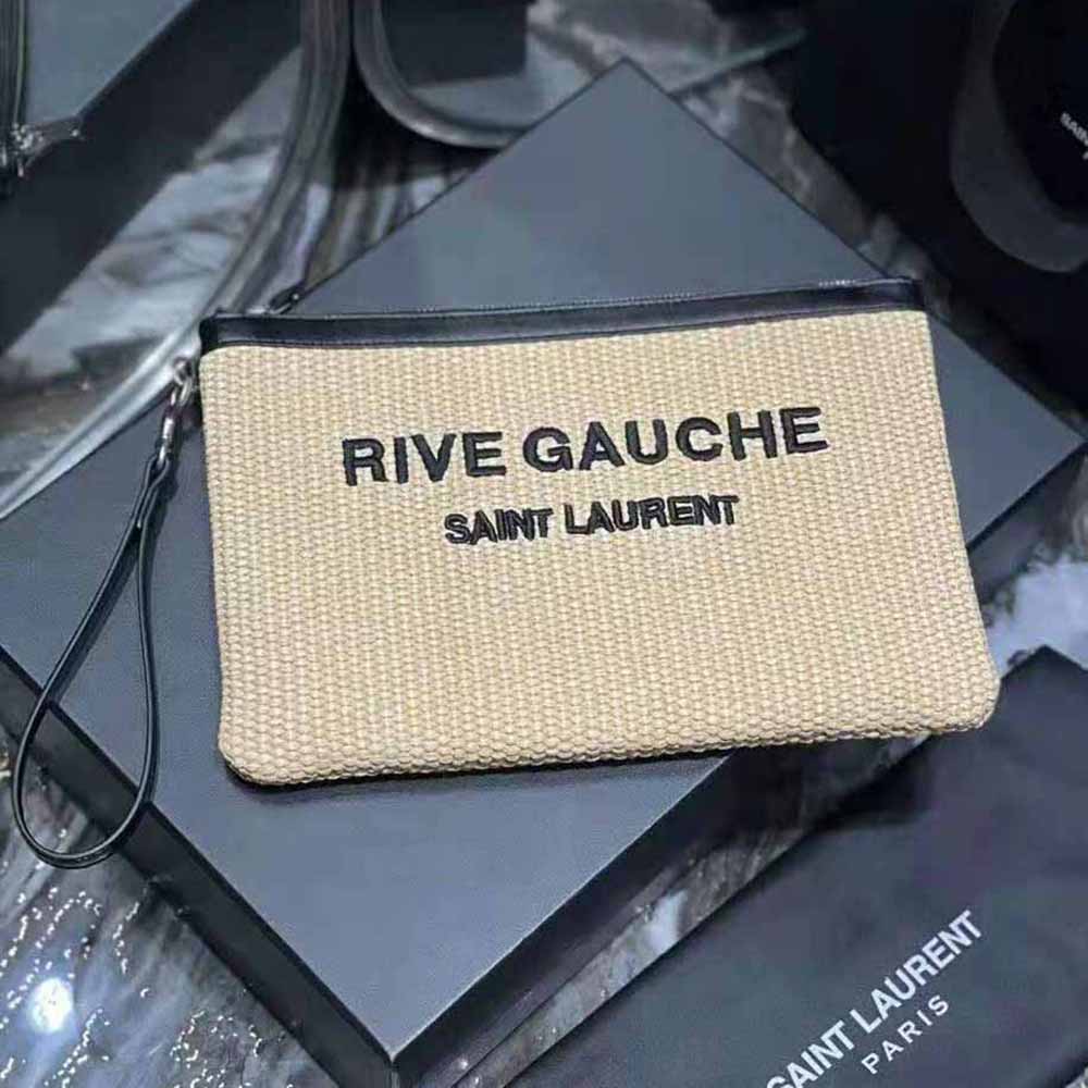 Side angle showing zipper and gold YSL logo on zippered pouch