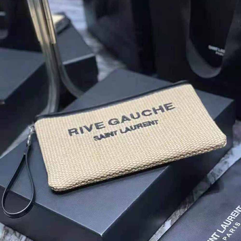 Saint Laurent YSL Women Rive Gauche Zippered Pouch in Embroidered Raffia and Leather - image 4