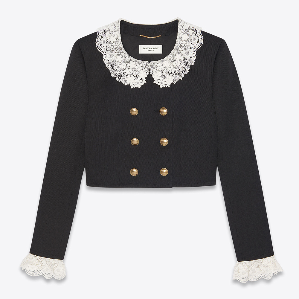Saint Laurent YSL Women Short Jacket in Wool Twill with Floral Lace Embroidery - image 1
