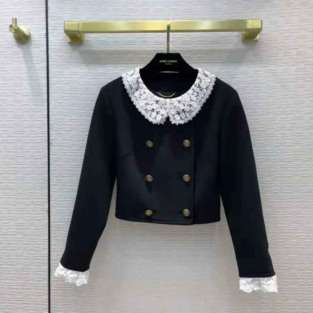 Saint Laurent YSL Women Short Jacket in Wool Twill with Floral Lace Embroidery - image 2