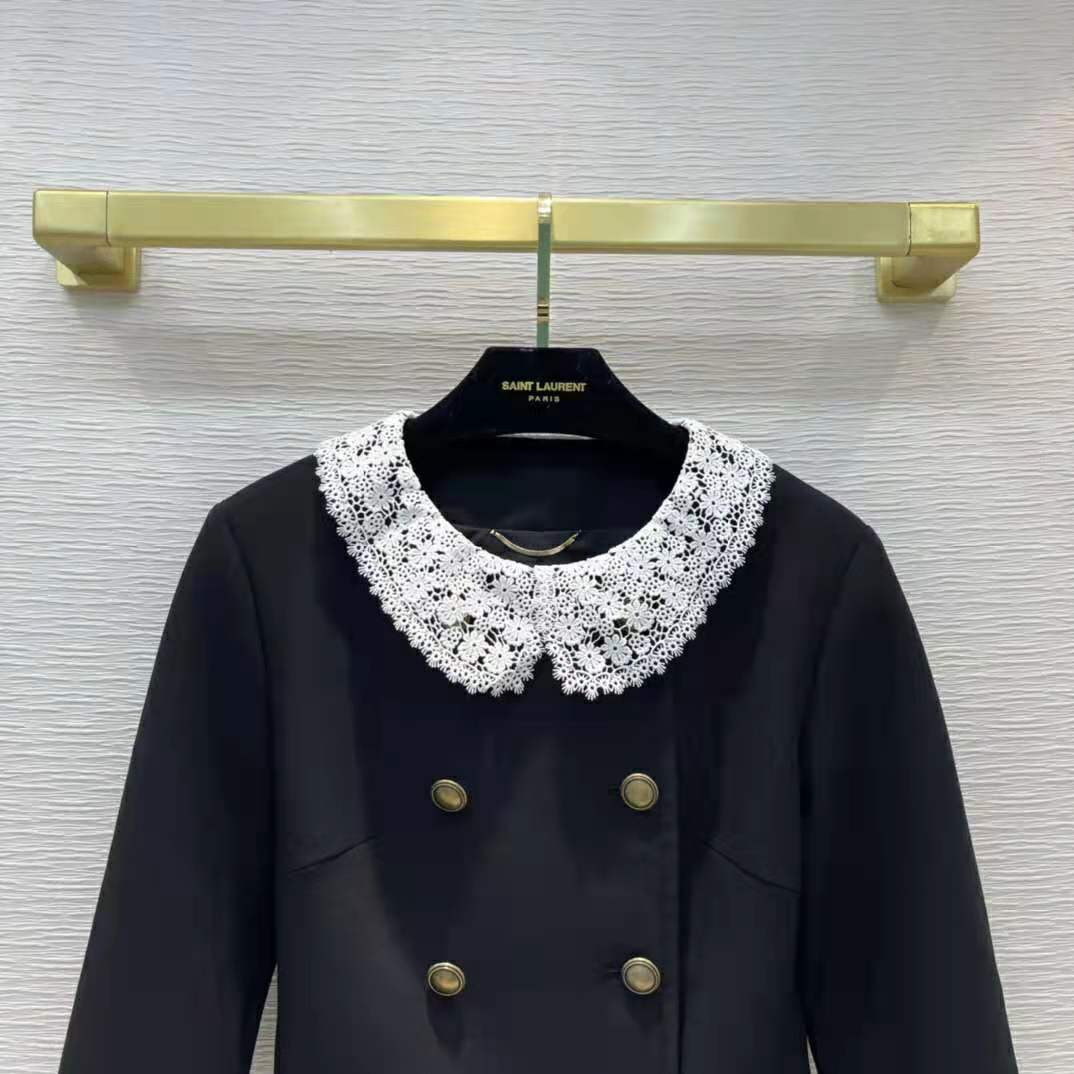 Saint Laurent YSL Women Short Jacket in Wool Twill with Floral Lace Embroidery - image 4