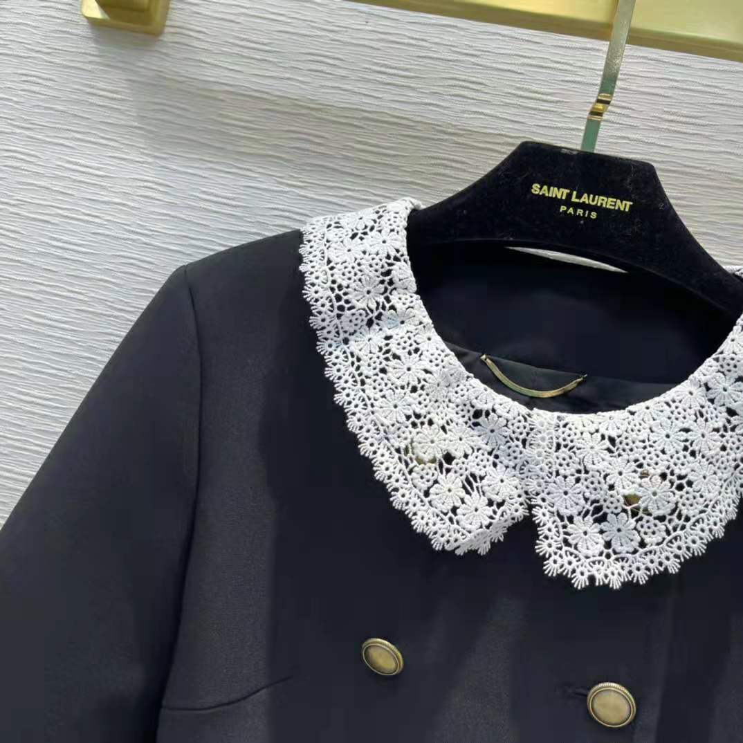 Saint Laurent YSL Women Short Jacket in Wool Twill with Floral Lace Embroidery - image 7