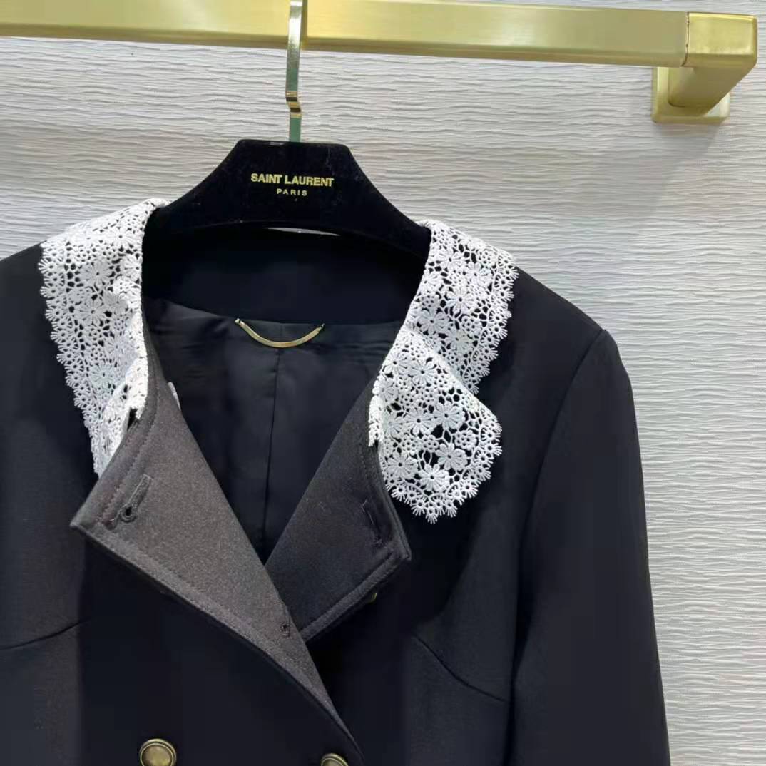 Saint Laurent YSL Women Short Jacket in Wool Twill with Floral Lace Embroidery - image 5