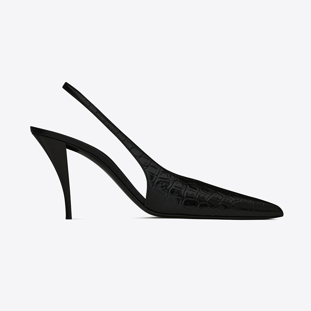 Side view of Saint Laurent YSL Women Viper Slingback Pumps in black crocodile leather