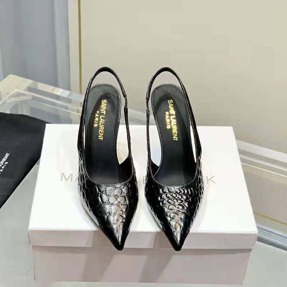 Rear angle showing adjustable slingback strap on Saint Laurent Viper Pumps