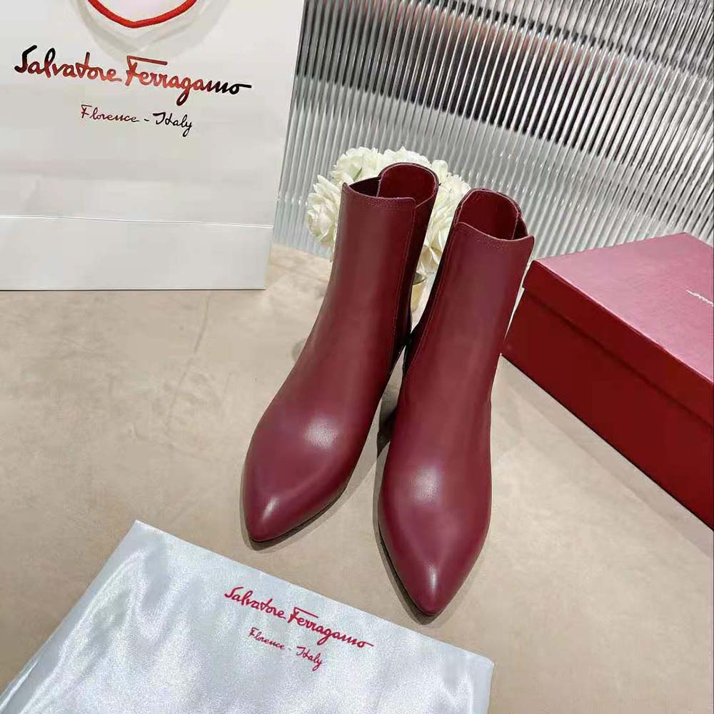 Close-up of elastic panel and maroon leather on Salvatore Ferragamo Chelsea Boot