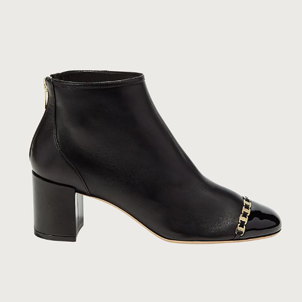 Side view of Salvatore Ferragamo Women Vara Chain Bootie black leather