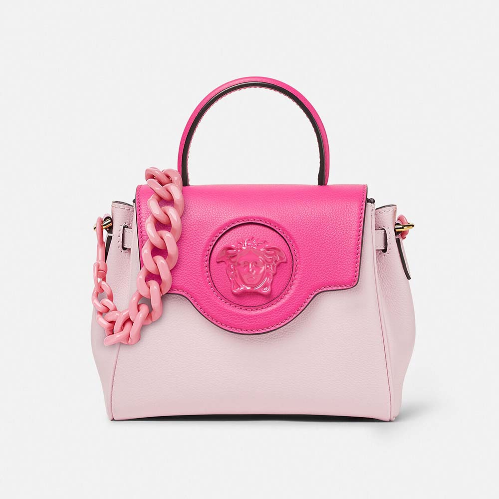 Front view of Versace Women LA Medusa Small Handbag in pink leather