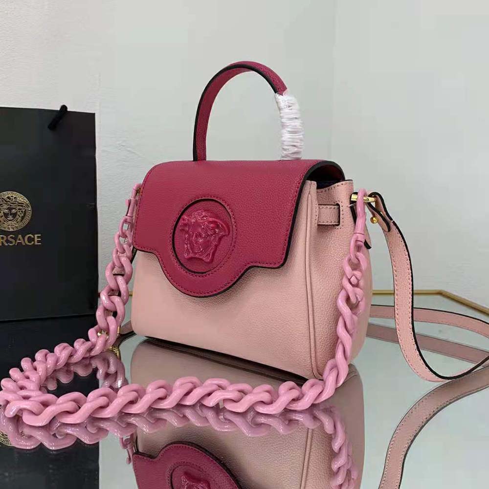 Side angle showing structured silhouette of Versace Women LA Medusa Small Handbag