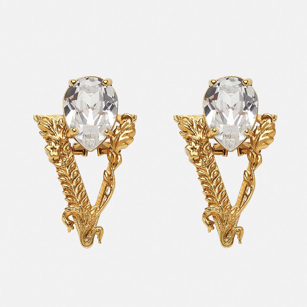 Front view of Versace Women Virtus Stud Earrings in gold tone