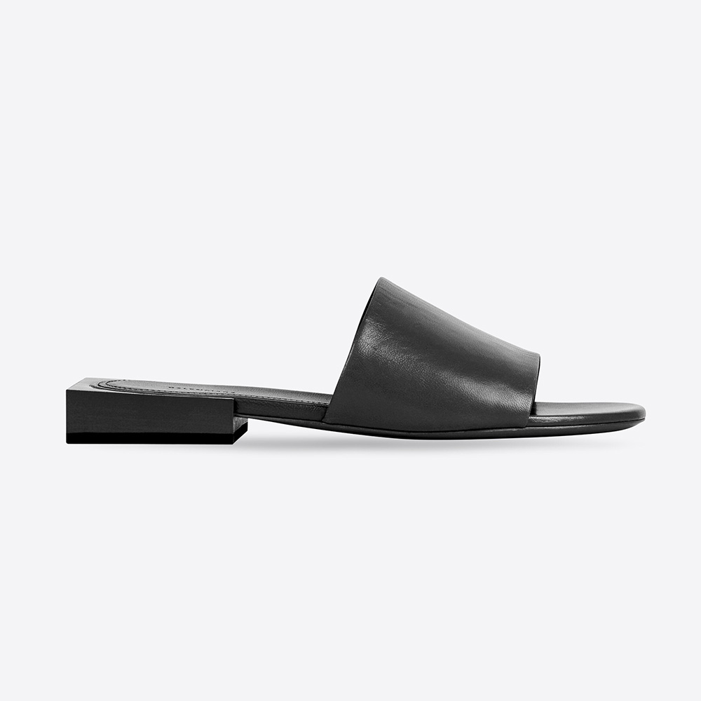 Side view of Balenciaga Women Box Mule in black shiny sheepskin