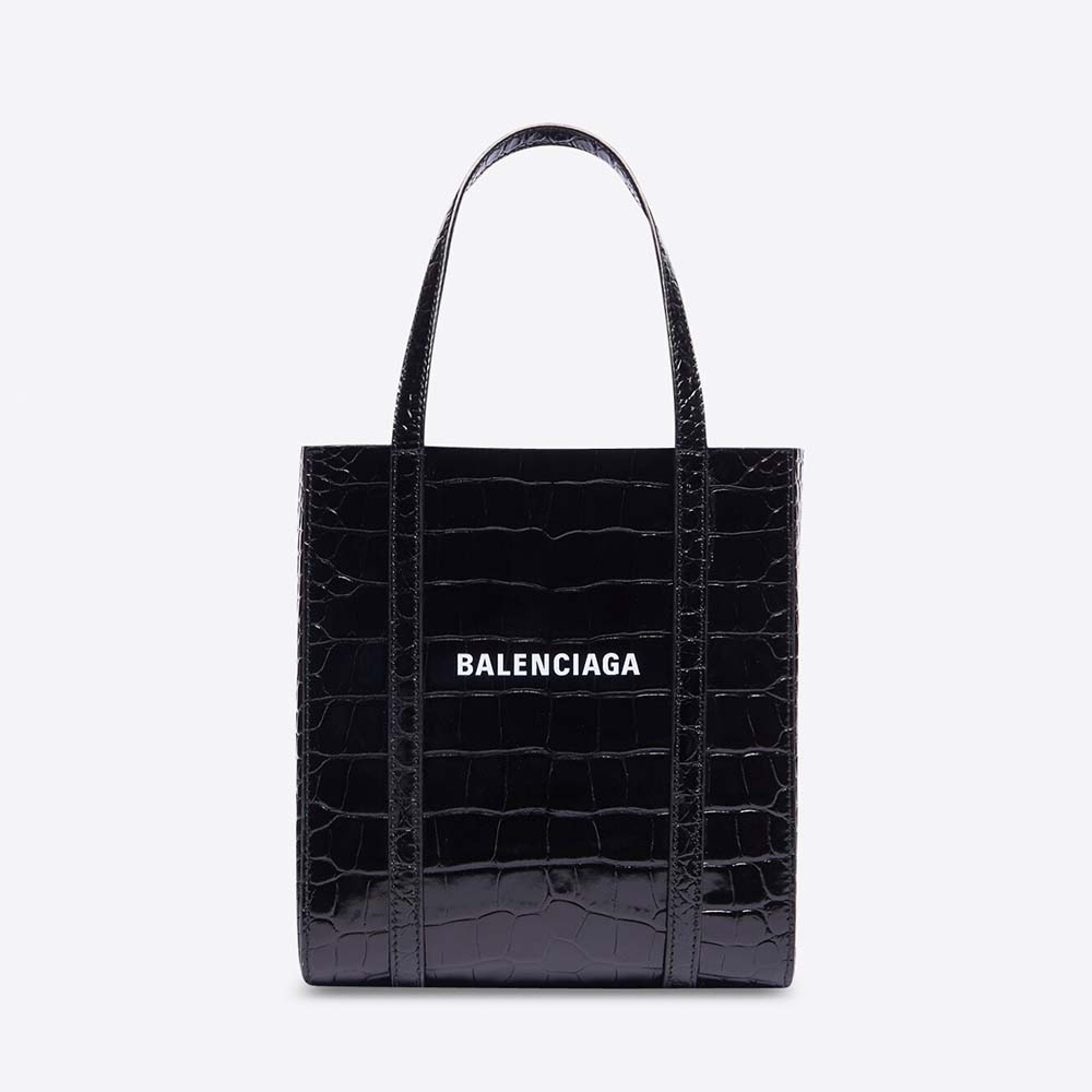 Front view of Balenciaga Women Everyday XXS Tote Bag in black shiny crocodile calfskin