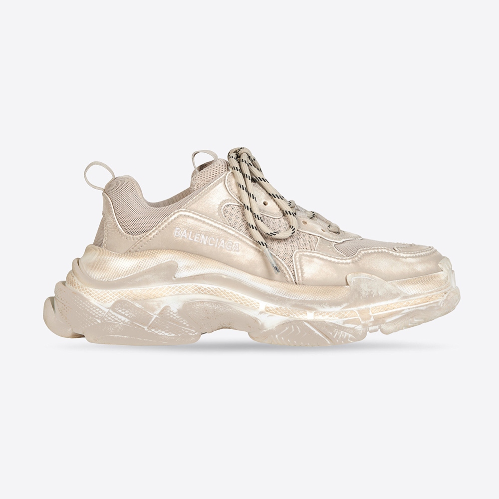 Side profile of Balenciaga Women Triple S Faded Sneaker in Beige