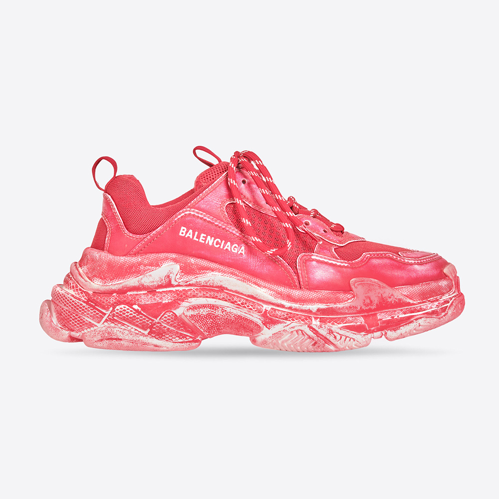 Side profile of Balenciaga Women Triple S Faded Sneaker in Red showing layered sole