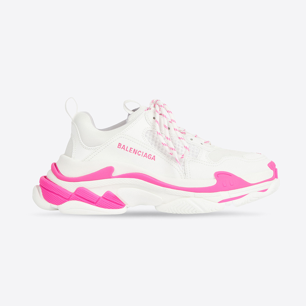 Side view of Balenciaga Women Triple S Sneaker in Fluo Pink showing chunky sole