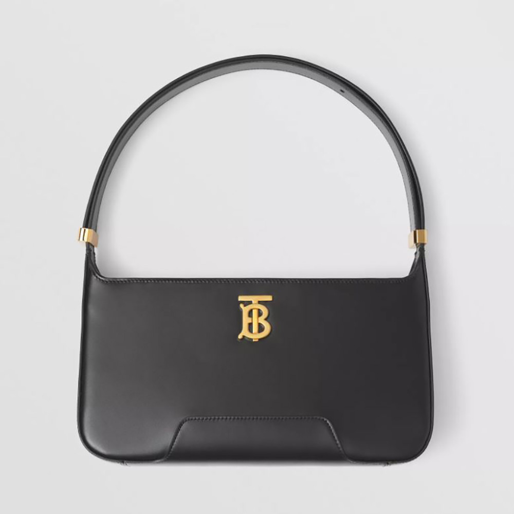 Front view of Burberry Women Leather TB Shoulder Bag-Black showing TB hardware