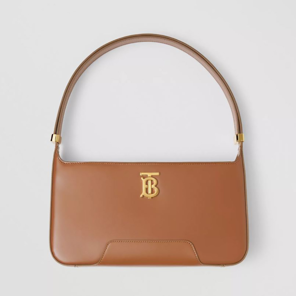 Front view of Burberry Women Leather TB Shoulder Bag-Brown showing clasp