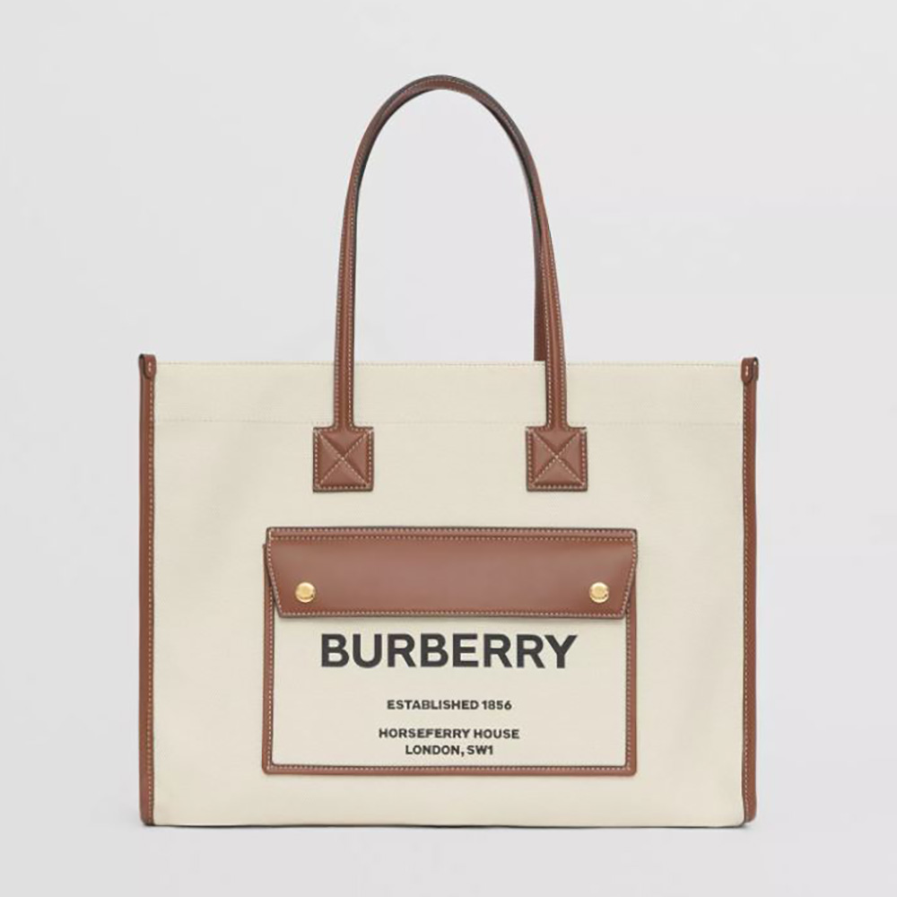 Front view of Burberry Women Medium Two-tone Canvas and Leather Freya Tote-Brown