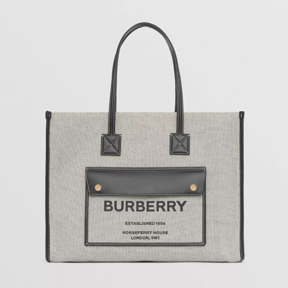 Front view of Burberry Women Medium Two-tone Canvas and Leather Freya Tote-Black