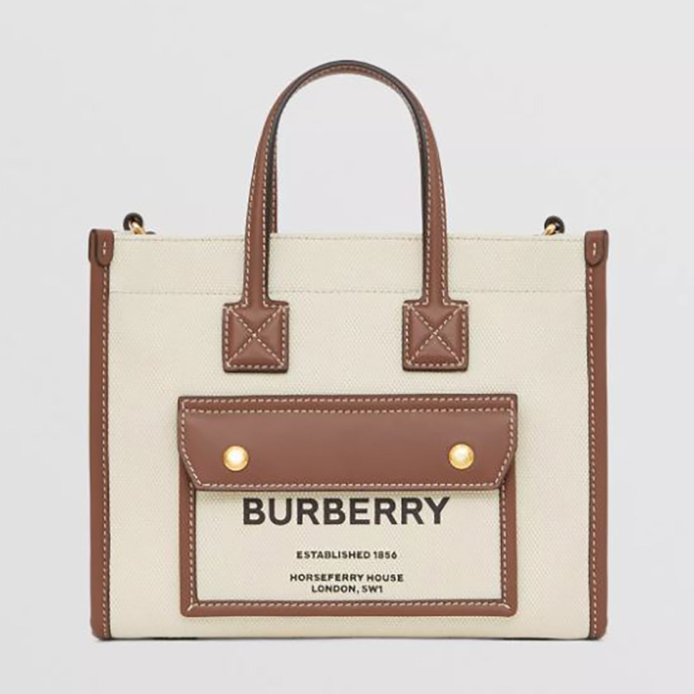 Front view of Burberry Women Mini Two-tone Canvas and Leather Freya Bag-Brown