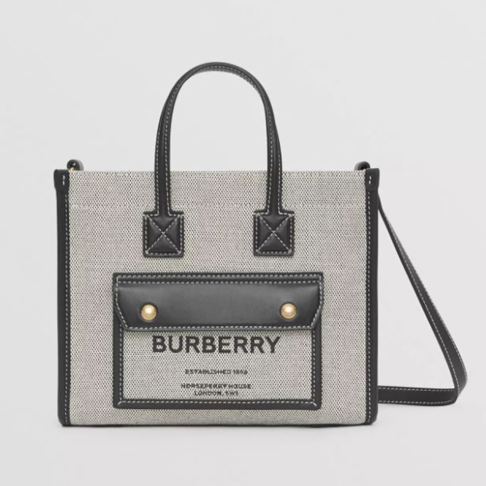 Front view of Burberry Women Mini Two-tone Canvas and Leather Freya Bag-Silver