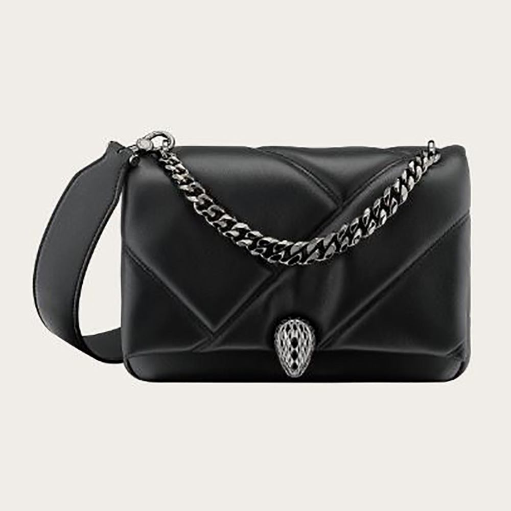 Front view of Bvlgari Women Serpenti Cabochon Crossbody Bag in black leather