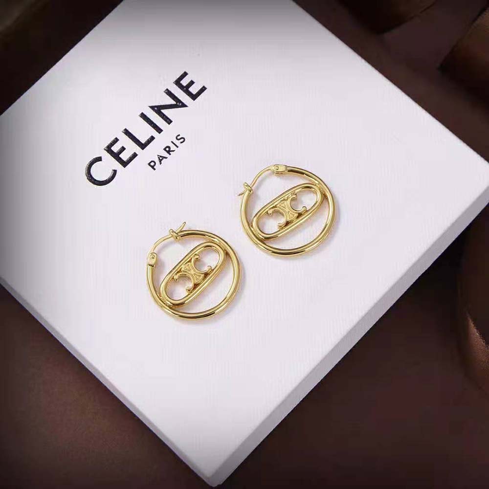 Side angle showing hinged closure on Celine Women Maillon Triomphe Bold Hoops