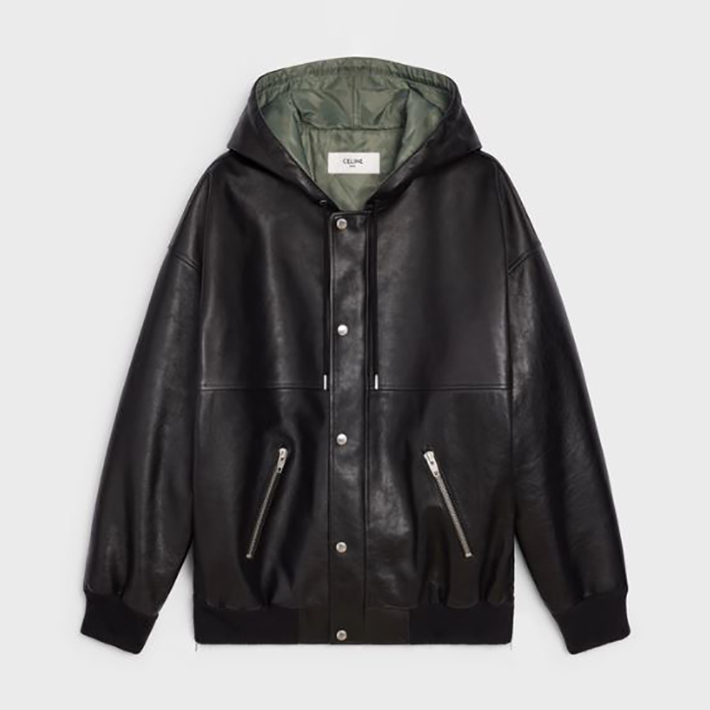 Front view of Celine Women Oversized Blouson Jacket in Calfskin-Black