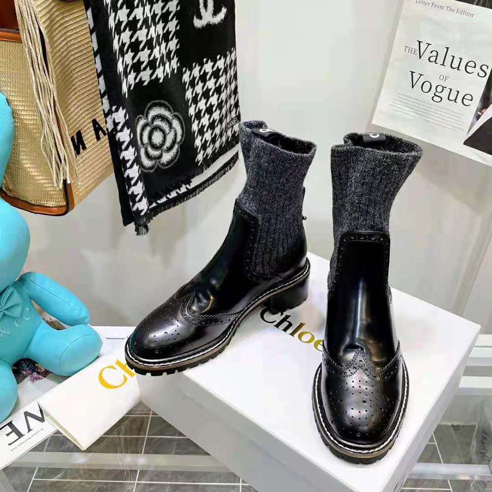 Top angle showing elastic sock fit on Chloe Women Franne ankle boot