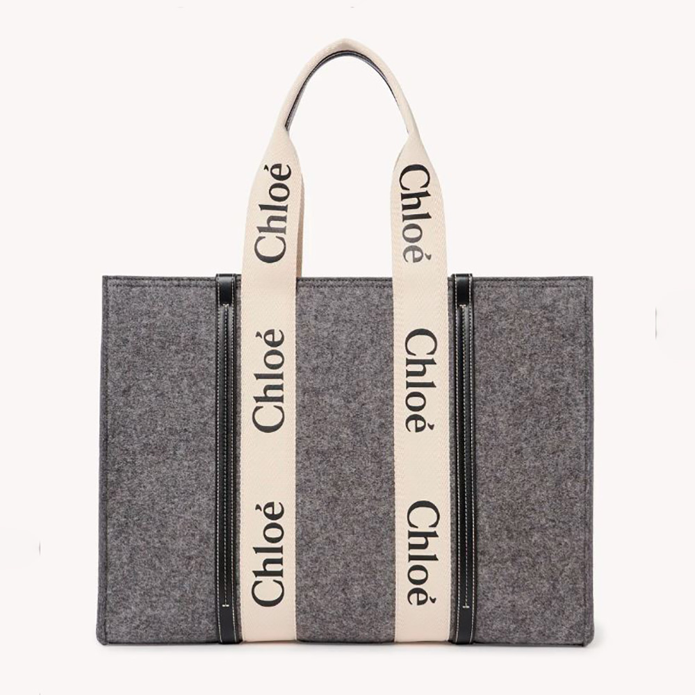 Front view of Chloe Women Large Woody Tote Bag in gray felt and calfskin