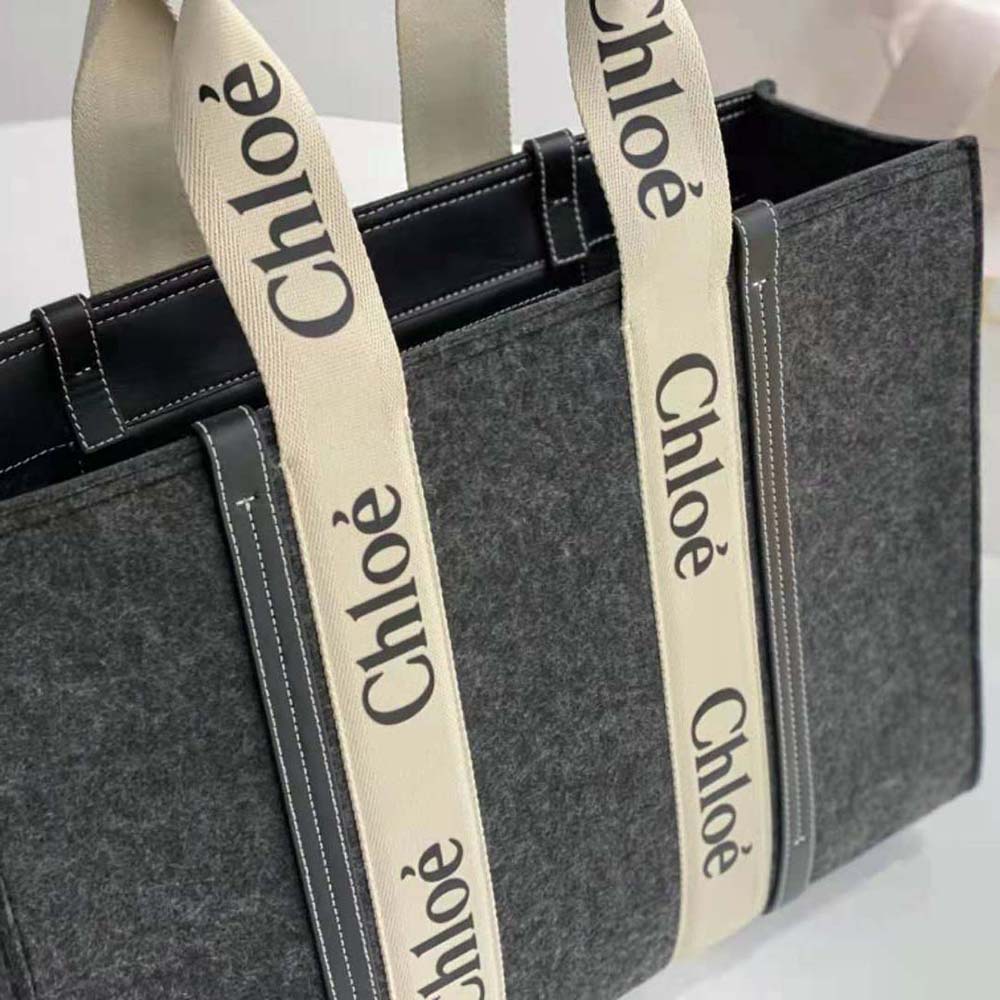 Chloe Women Large Woody Tote Bag in Recycled Felt and Shiny Calfskin-Gray - image 6