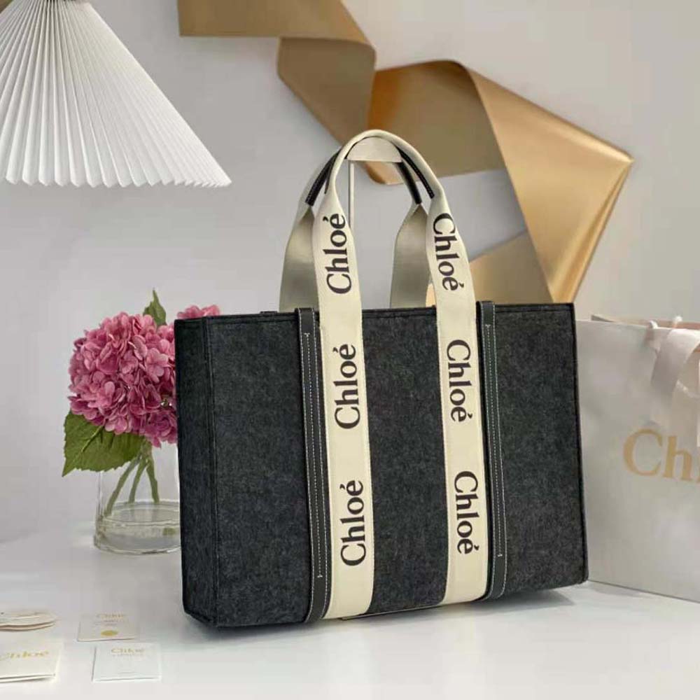 Side angle showing spacious interior of Chloe Women Large Woody Tote Bag gray