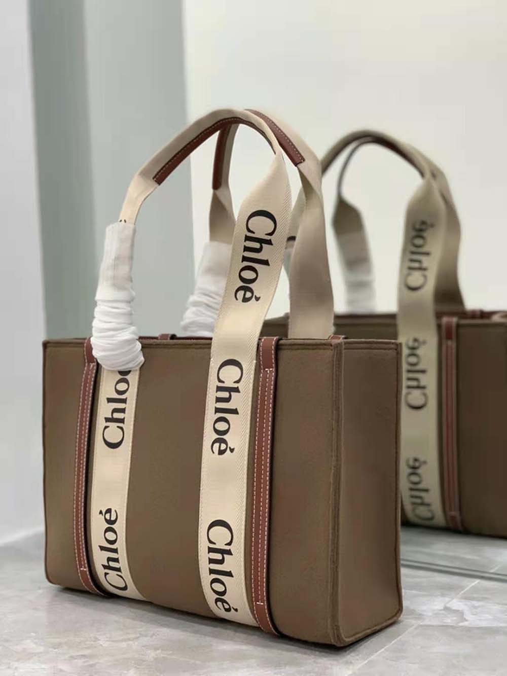 Side angle showing suede trim detail on Chloe Women Medium Woody Tote Bag-Brown